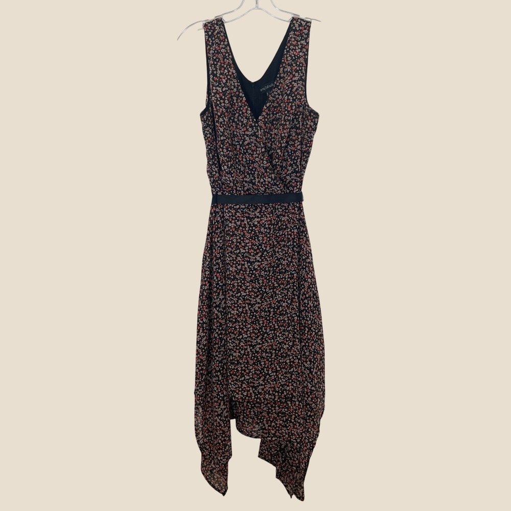 Long‎ Tall Sally Dress Floral Handkerchief Hem Midi Black Pink Belted Size 10
